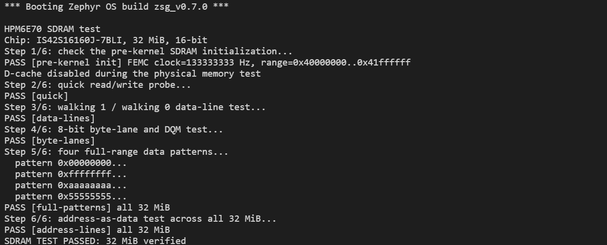 完整 SDRAM 测试通过时的真机输出