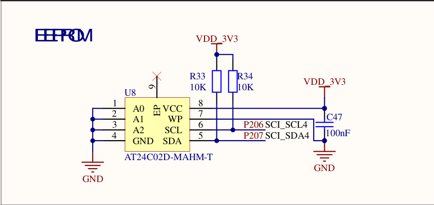板载 AT24C02 的地址引脚、I2C 信号与上拉电阻