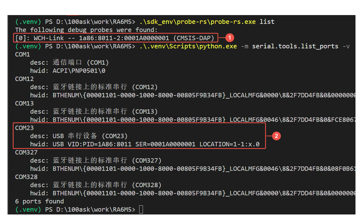 VS Code 终端中检查到 WCH-Link 调试器和开发板串口
