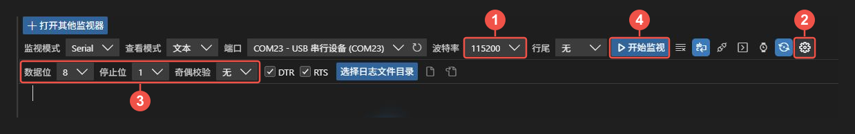 在串口插件中设置 115200 和 8N1 后开始监视