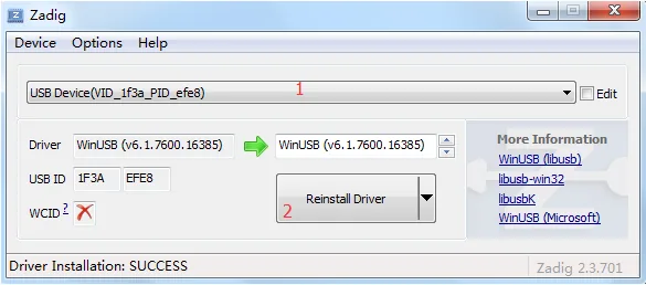 Zadig 为 FEL USB 设备安装 WinUSB 驱动