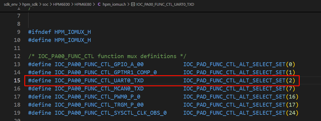 在 hpm_iomux.h 中确认 PA00 的 UART0 TX 复用值