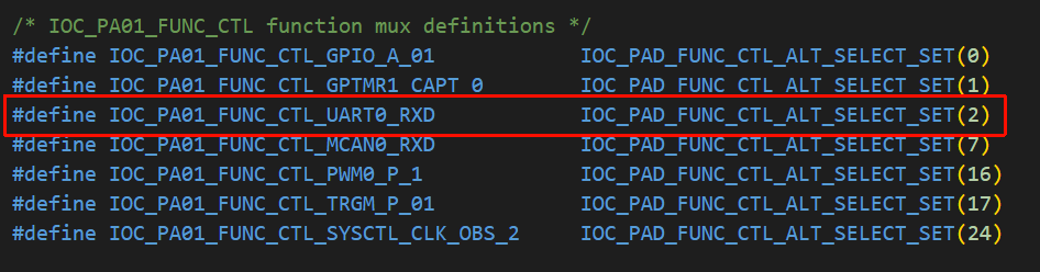 在 hpm_iomux.h 中确认 PA01 的 UART0 RX 复用值